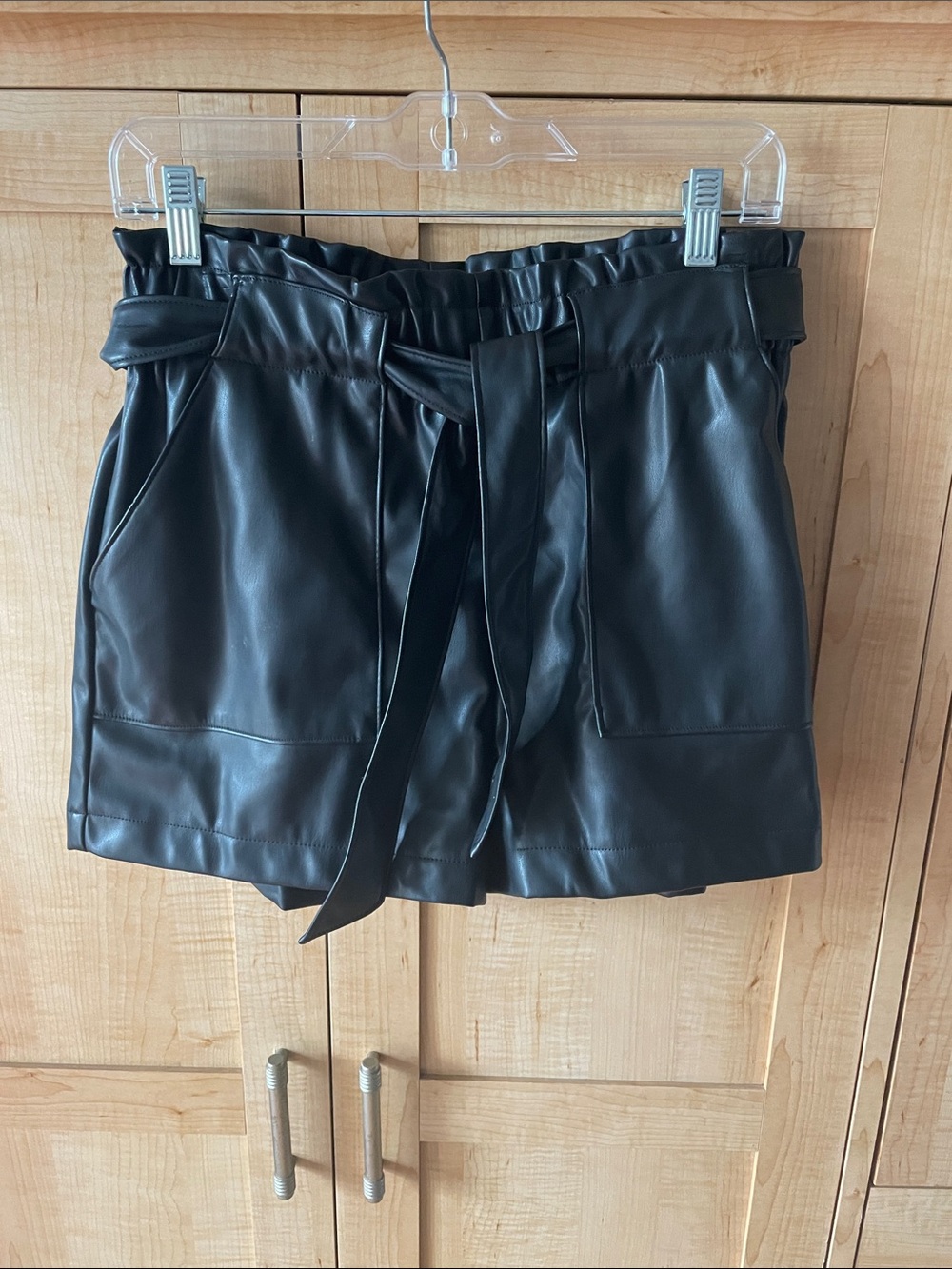 Ci Sono Black Faux Leather Paperbag Waist Shorts with Tie